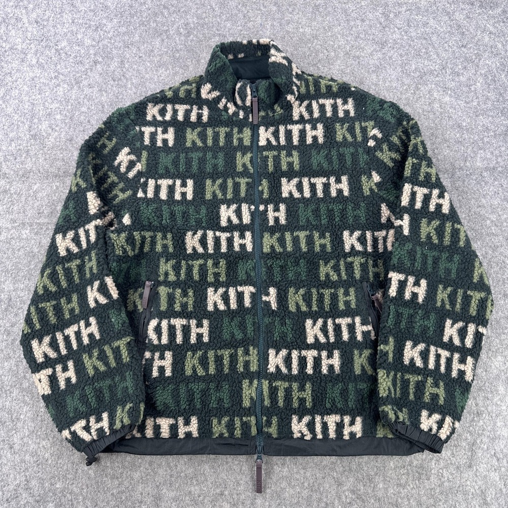 Kith Pinehurst Sherpa Fleece Jacket Mens Small Green All Over Kith Logo Bomber